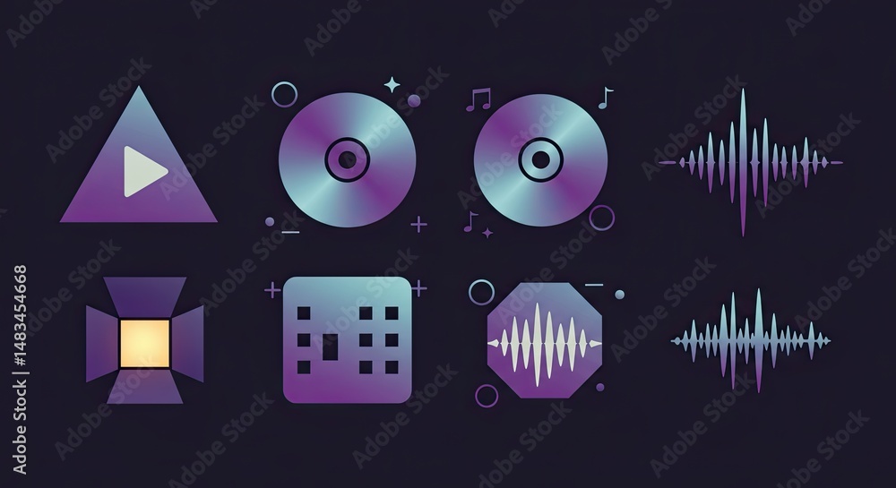 Poster modern digital audio and video icons with a vibrant gradient color scheme on dark background