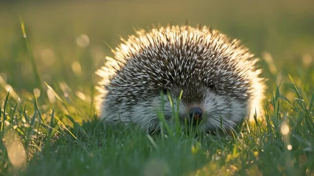 Cute wild brown hedgehog with prickly bristles in green grass