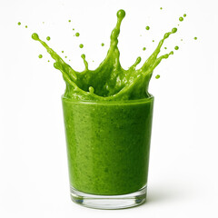 A glass of bright green spinach-kale smoothie splashing upward, isolated on a white background This photo-realistic clipart is a PNG cutout - Generative AI