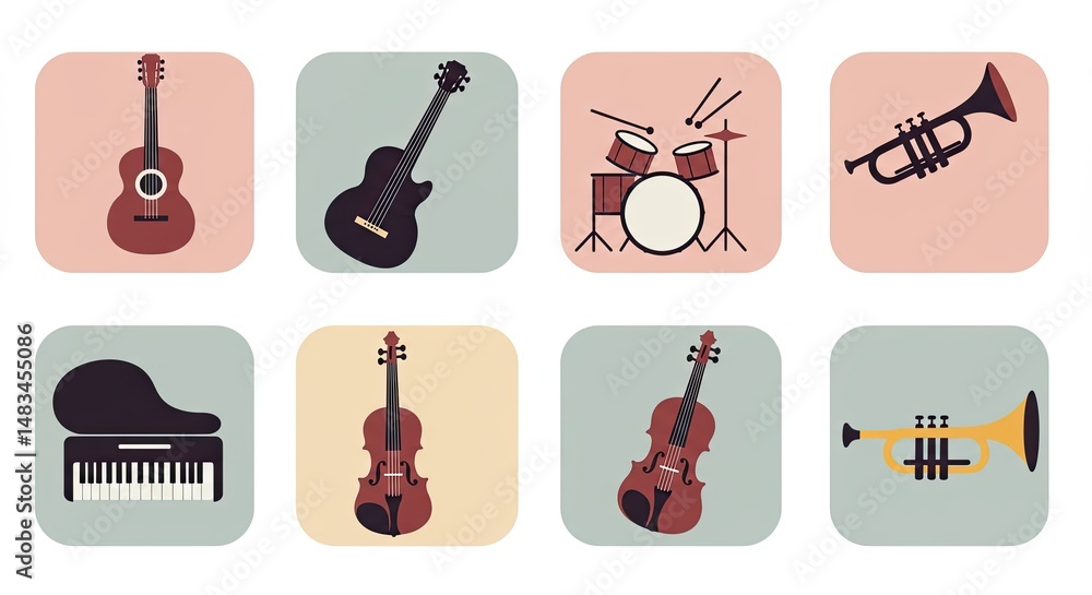 Aufkleber Musical instruments icons in a flat design style arranged on a white background