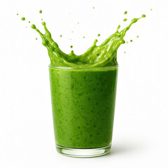 A glass of bright green spinach-kale smoothie splashing upward, isolated on a white background This photo-realistic clipart is a PNG cutout - Generative AI