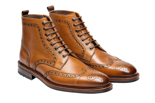 PNG Elegant tan leather brogue boots with intricate detailing and classic design