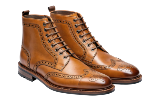 PNG Elegant tan leather brogue boots with intricate detailing and classic design