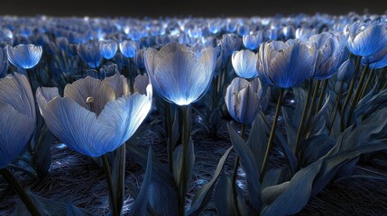 A fantasy-inspired tulip garden blanketed in silver-blue moonlight radiating soft magical energy