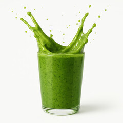 A glass of bright green spinach-kale smoothie splashing upward, isolated on a white background This photo-realistic clipart is a PNG cutout - Generative AI