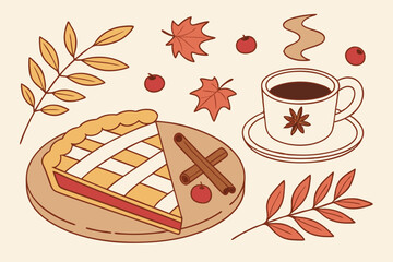 106 apple pie slice, fall leaves, coffee cup, cinnamon sticks, star anise, cranberries, cozy autumn scene