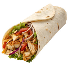 A chicken shawarma pita roll filled with grilled meat, fresh vegetables, and savory sauces, neatly wrapped and isolated on a transparent background 
