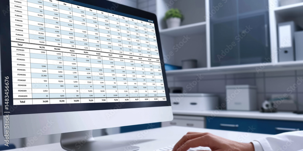 Poster accounting software on computer screen showing financial statement spreadsheets and account balance 