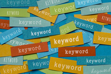 Plakat keyword research concept, many keywords on colorful papers