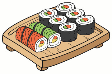 107 detailed digital illustration of a wooden serving tray with various fresh sushi rolls, vivid colors, realistic textures, vibrant, high resolution, 4k