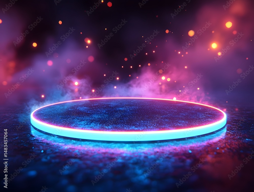 Poster futuristic neon circular platform floating in a dark glowing environment