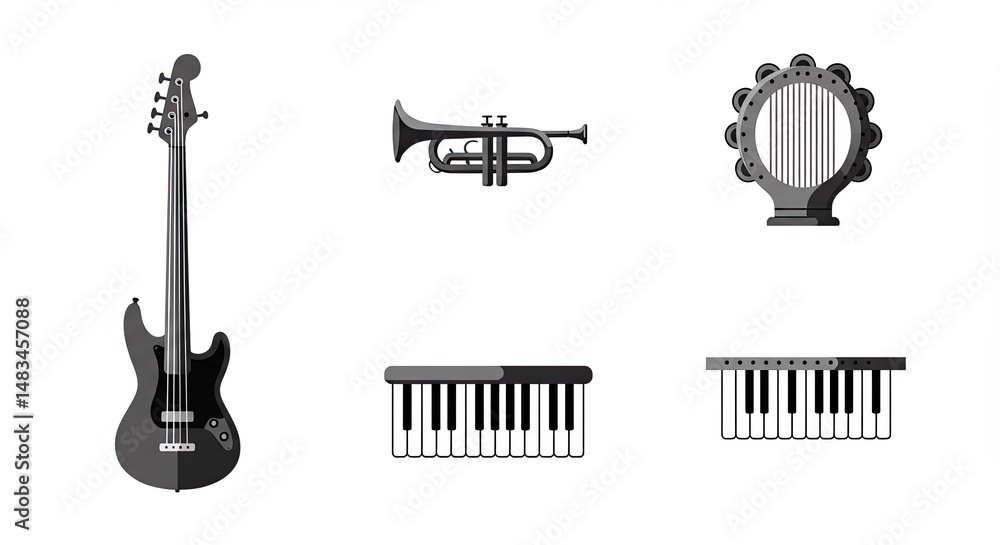 Poster Set of musical instruments in a flat design style isolated on a white background.