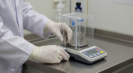 Analytical balance weighing process in laboratory