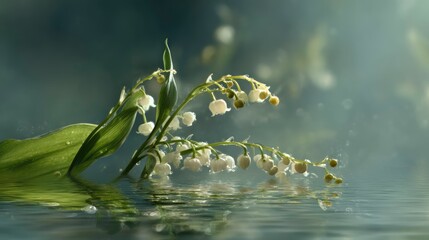 A floating cluster of Lily of the Valley flowers drifting gracefully in an airy mist-filled environment