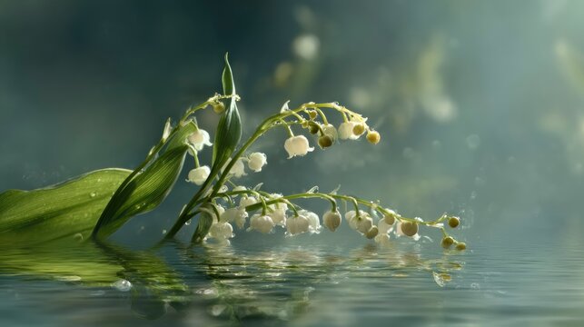 A floating cluster of Lily of the Valley flowers drifting gracefully in an airy mist-filled environment