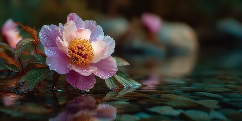Beautiful peony flower with dew in tranquil water setting during early morning light