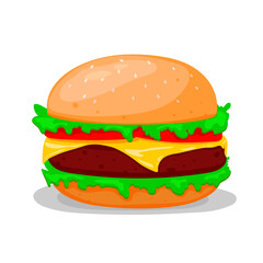 Classic Burger Vector Illustration with Patty, Cheese, Lettuce and Tomato – Isolated on White Background