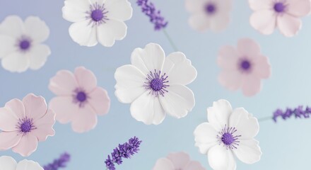 Fototapeta premium Floating Pastel Flowers and Lavender Sprigs