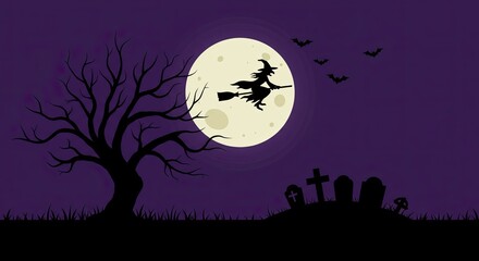 Spooky Halloween night scene with a witch flying past the moon and graveyard.
