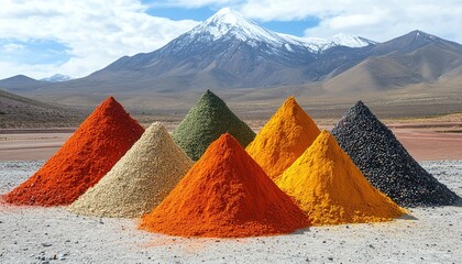 Colorful piles of spices are arranged in pyramid shapes outdoor. Show exotic ingredients, culinary diversity, or vibrant flavor.