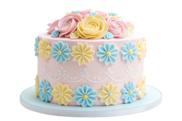 PNG Pastel floral cake with pink, blue, and yellow icing flowers on white background