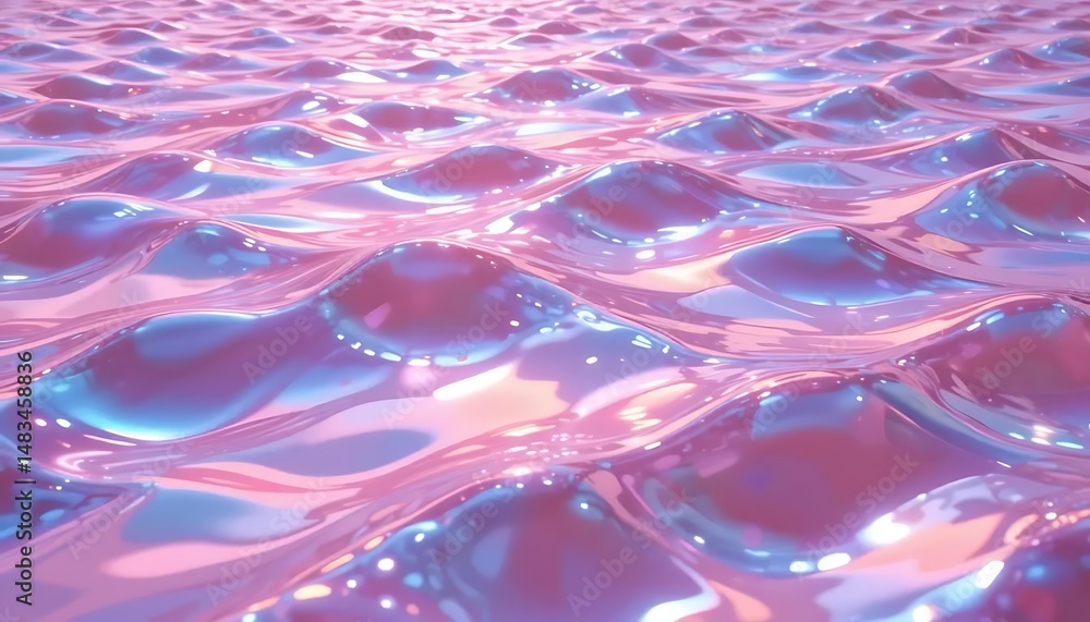 Poster Abstract iridescent waves gently undulating across a pastel pink surface with shimmering reflections and fluid motion creating a mesmerizing and dreamlike visual effect