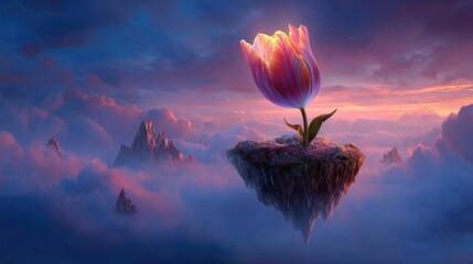 A floating island in a mystical sky featuring a single luminous tulip radiating vibrant hues