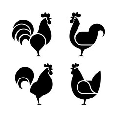 Silhouettes of various chickens, roosters, and chicks arranged in a grid pattern on a white background, showcasing different poses and feather shapes in a clean vector style.