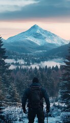 Man Contemplating Snowy Mountain