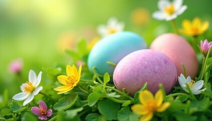 Pastel eggs nestled in spring flowers, vibrant green grass , rabbit, sunlight