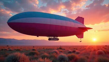 Fototapeta premium Large blimp, colorful fabric, sunrise backdrop, sky, view, above