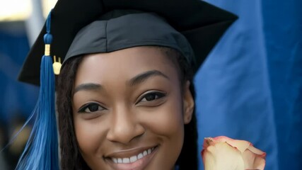 Smiling young woman with graduation cap holding a rose flower for her future success, academic achievement, and new beginnings.