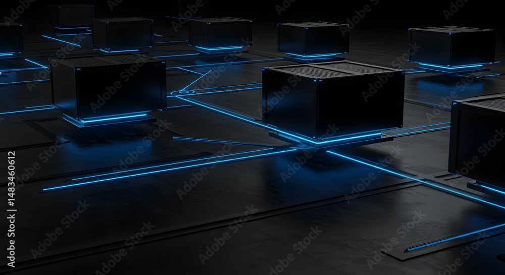 Aufkleber abstract network representation with black cubes and glowing blue lines connecting them