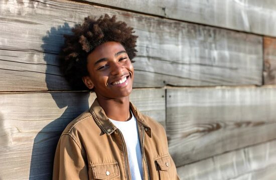 Young adult gen-z African American teen leaning on a wooden wall and enjoying the sunlight, opens his eyes and smiles