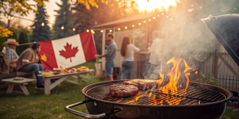 Canada Day Backyard BBQ Grilling Burgers at Sunset, Canadian Flag, Summer Party, Food. Canada Day, Backyard BBQ