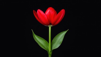 A red tulip with a green stem and leaves against a black background.