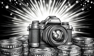 Black and white illustration of a camera placed on piles of coins with starbursts in the background