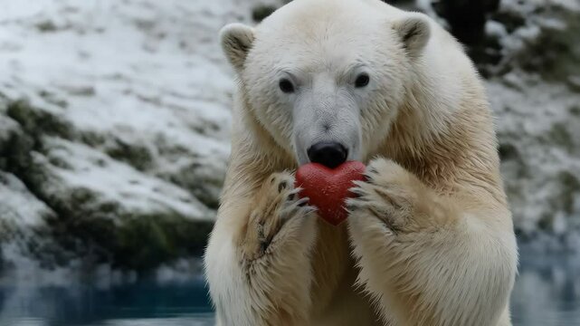 Polar bear holding a red heart shape in its paws, looking at the camera, a romantic and heartwarming image