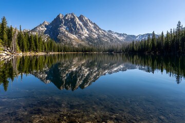 Fototapeta premium Snow Mountain Peaks Reflect on Still Lake Water Surface with Forest Trees