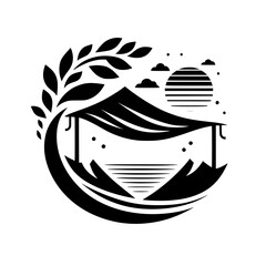 Minimalist Japanese Landscape: House, Sun, and Mountains Silhouette