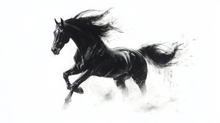 Black Stallion Running Free Artistic Monochrome Horse Illustration
