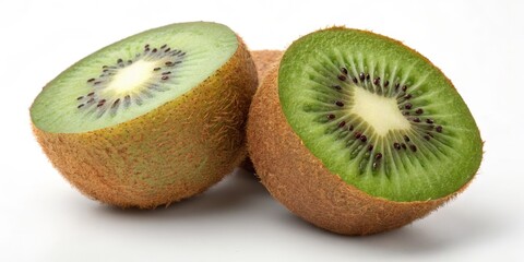 Fototapeta premium Close-up of Two Halved Kiwifruits, Vibrant Green Flesh, Brown Fuzzy Skin, High-Resolution Image, Food Photography kiwi, fruit