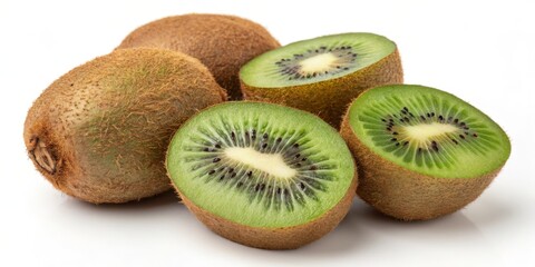 Fototapeta premium Close-up Still Life of Halved and Whole Kiwifruits, Bright Green Flesh, Brown Fuzzy Skin, Food Photography, Fruit Composition Kiwifruit, Still Life