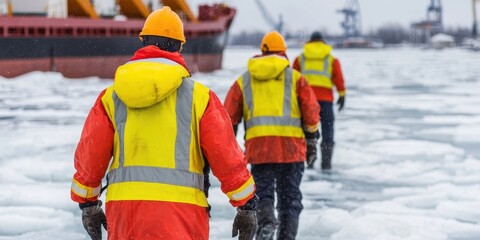 Obraz premium Workers in safety gear walk on icy terrain near a ship in a cold industrial port.