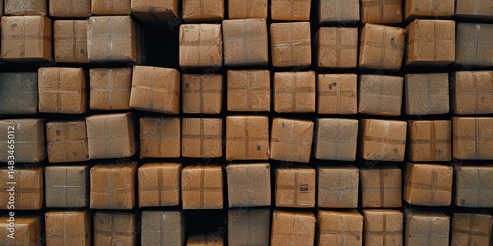 Poster stacked brown cardboard boxes arranged tightly, creating a pattern of uniform packages ready for shi