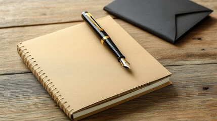 Flat lay of eco-friendly office supplies: recycled paper notebook, fountain pen, kraft envelopes.