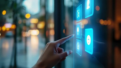 Smart and modular homes. A person’s finger touches the smart home technology panel from the street to enter the premises of the house. Security Human Recognition Scanning System - Powered by Adobe