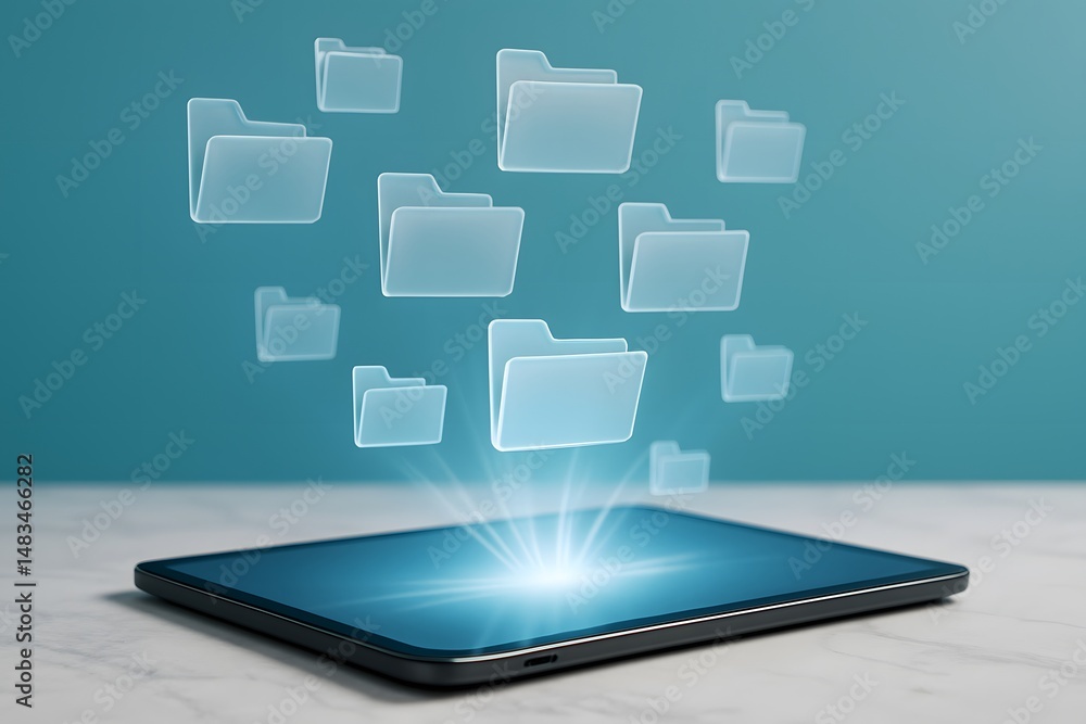 Poster a tablet lies on a desk projecting semi-transparent folder icons into the air. concept of cloud stor