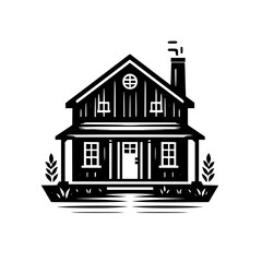 Black & White Cabin Logo, Farmhouse Icon, Vector Illustration