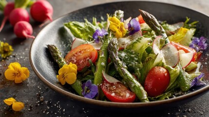 Fresh Garden Salad with Colorful Vegetables and Edible Flowers